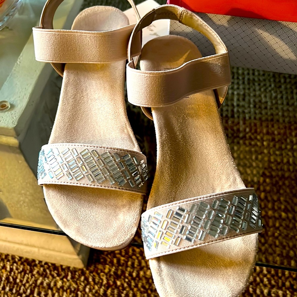 Lauren Blackwell beige wedge sandals